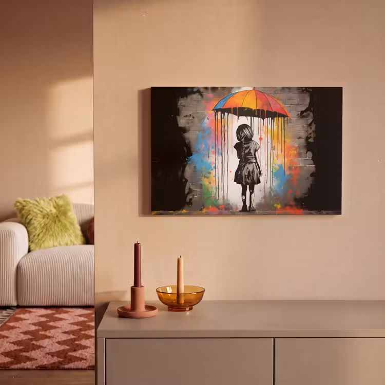 Meisje - Kunst - Paraplu - Graffiti - Kleuren - Muur canvas 2cm klein -sfeer1