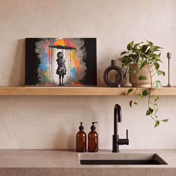 Meisje - Kunst - Paraplu - Graffiti - Kleuren - Muur canvas 2cm klein -sfeer3