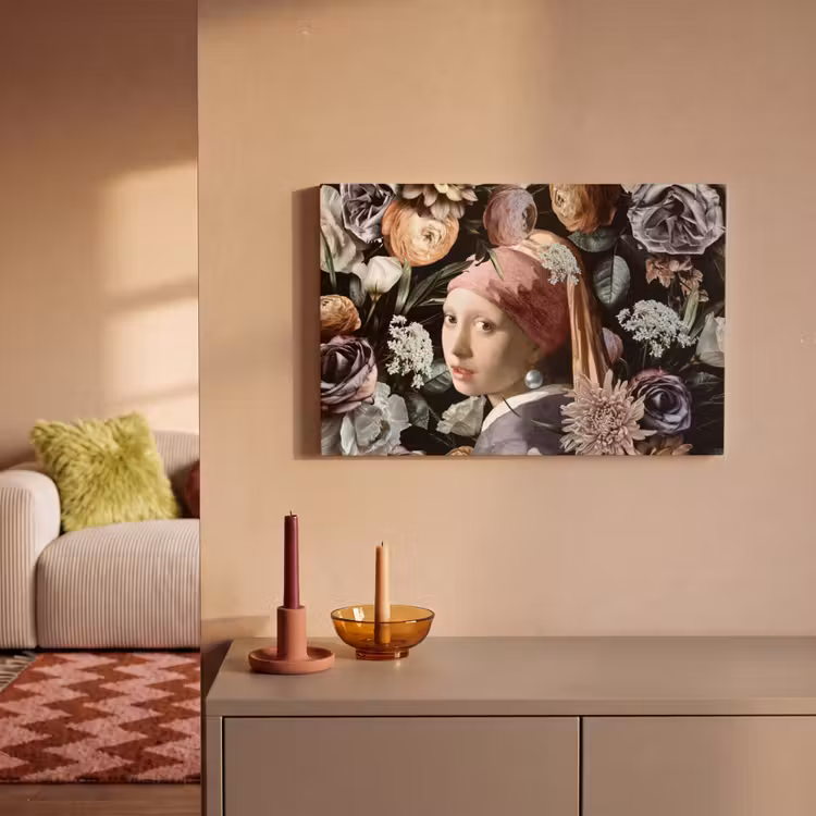 Meisje met de parel - Bloemen - Vermeer - Pastel - Kunstwerk - Schilderij - Oude meesters canvas 2cm klein -sfeer1