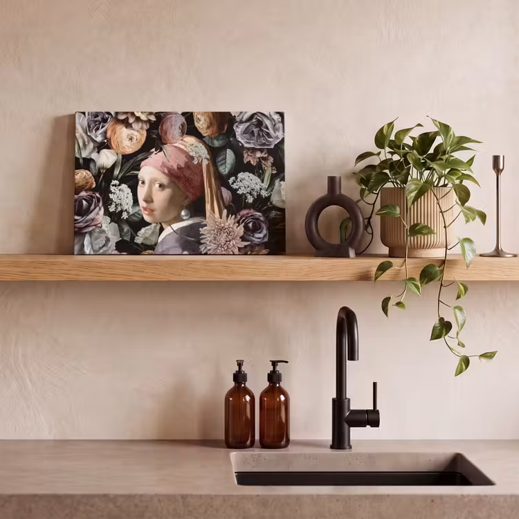 Meisje met de parel - Bloemen - Vermeer - Pastel - Kunstwerk - Schilderij - Oude meesters canvas 2cm klein -sfeer3