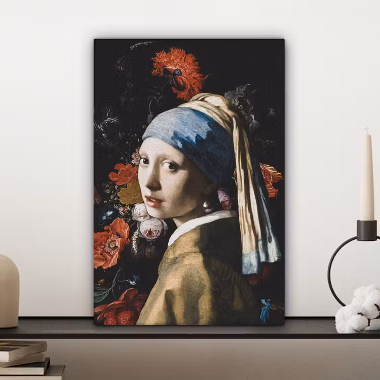 Meisje met de parel - Johannes Vermeer - Bloemen - Rood canvas 2cm klein -sfeer6