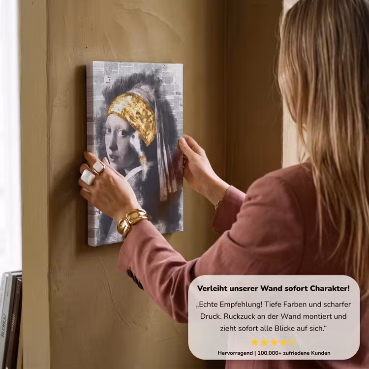 Meisje met de parel - Johannes Vermeer - Krant - Goud canvas 2cm klein -Xsfeer7_DE