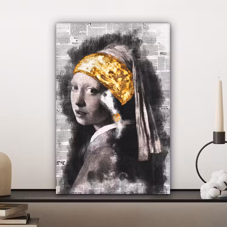 Meisje met de parel - Johannes Vermeer - Krant - Goud canvas 2cm klein -sfeer6