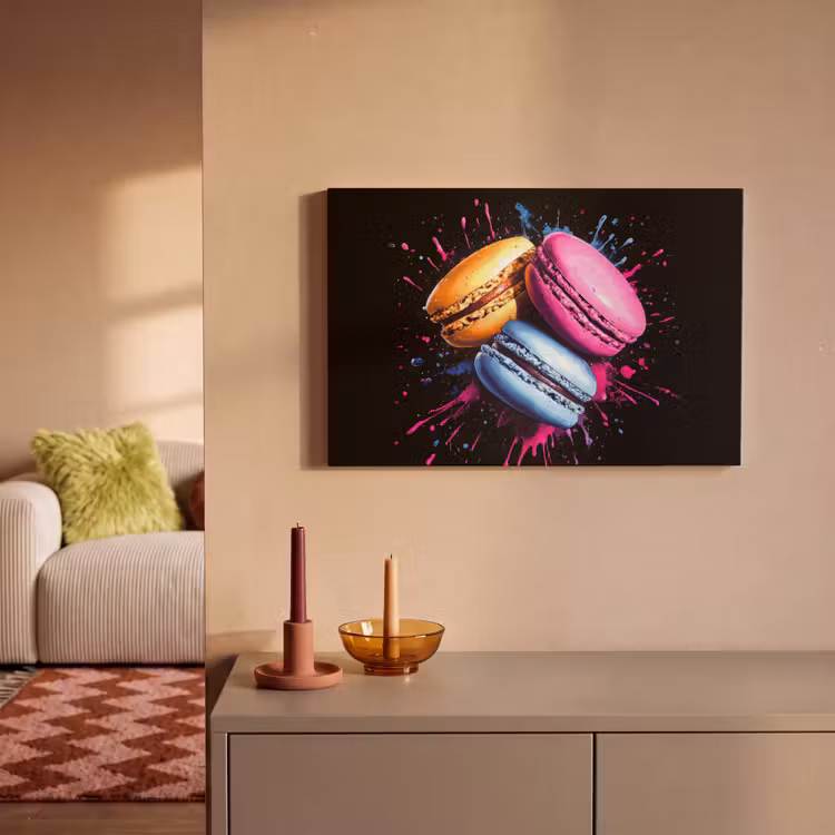 Macarons - Dessert - Graffiti - Kleurrijk - Roze - Blauw - Geel canvas 2cm klein -sfeer1