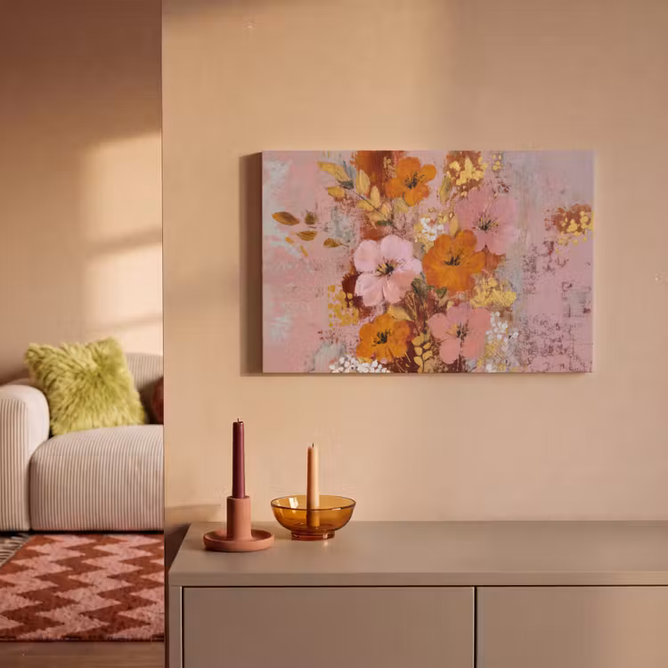 Schilderij - Bloemen - Rustiek - Roze canvas 2cm klein -sfeer1