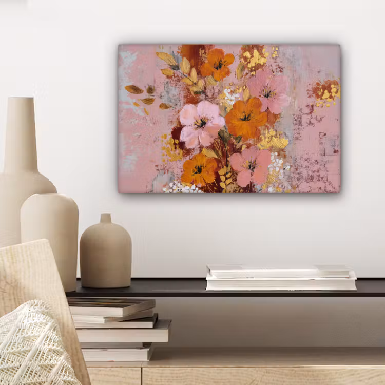 Schilderij - Bloemen - Rustiek - Roze canvas 2cm klein -sfeer6