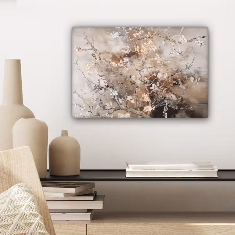 Amandelbloesem - Kunst - Van Gogh - Beige - Abstract canvas 2cm klein -sfeer4