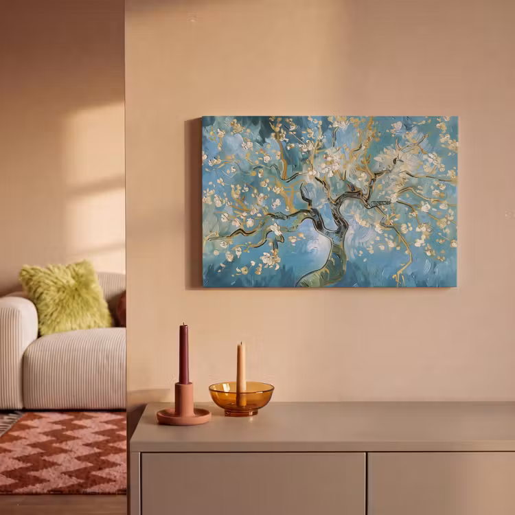 Amandelbloesem boom - Blauw - Abstract canvas 2cm klein -sfeer1