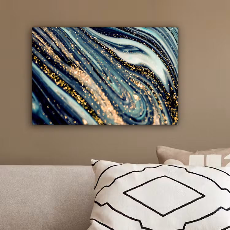 Marmer - Goud - Blauw - Glitter - Marmerlook - Abstract canvas 2cm klein -sfeer6