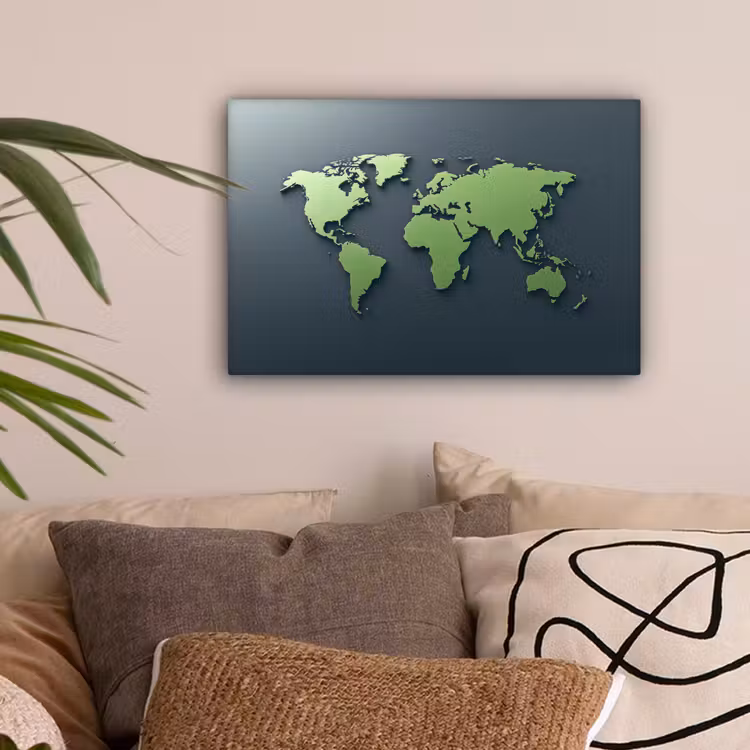 Mat - Groen - Wereldkaart canvas 2cm klein -sfeer1