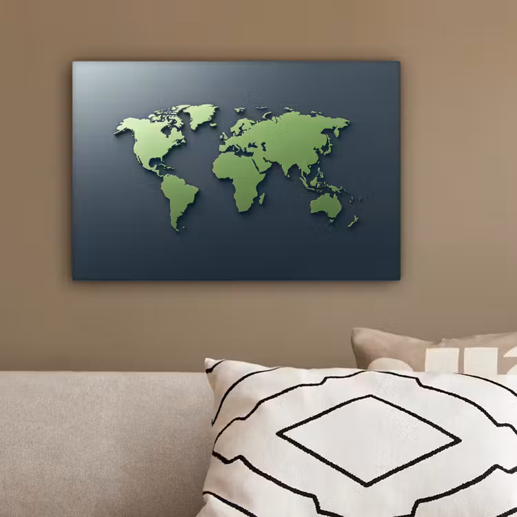 Mat - Groen - Wereldkaart canvas 2cm klein -sfeer3
