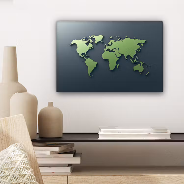 Mat - Groen - Wereldkaart canvas 2cm klein -sfeer6