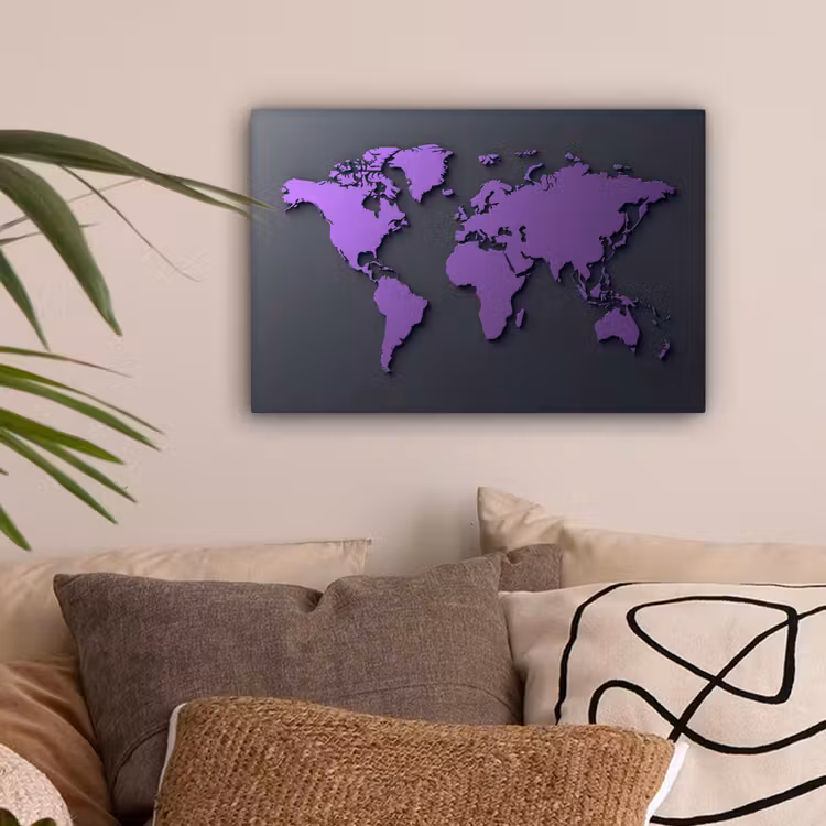 Mat - Wereldkaart - Paars canvas 2cm klein -sfeer1