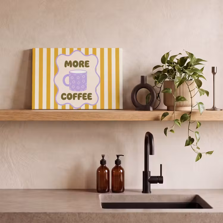 More coffee - Geel - Paars - Strepen - Mok canvas 2cm klein -sfeer3