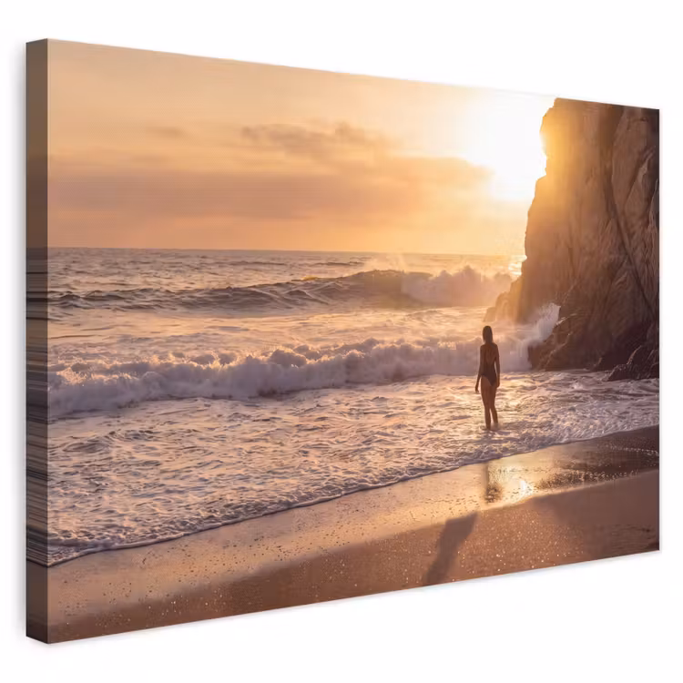 Mensen - Oceaan - Zonsondergang - Kust - Goud canvas 2cm klein -3d