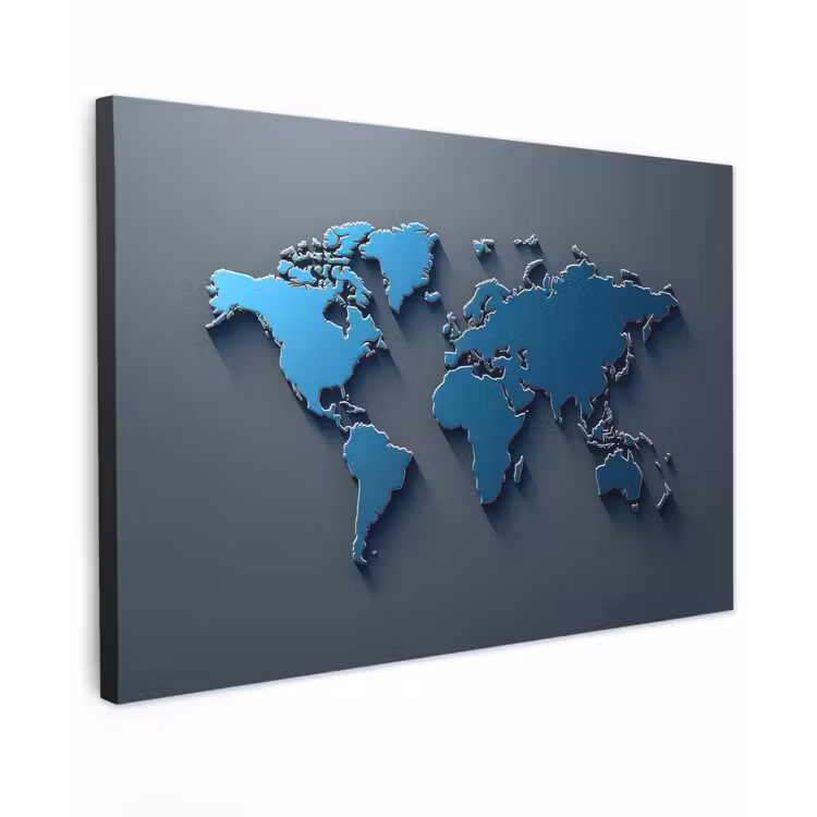 Metallic - Blauw - Wereldkaart - 3D canvas 2cm klein -z3d