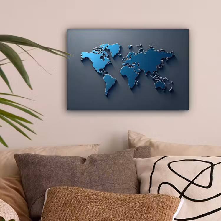 Metallic - Blauw - Wereldkaart - 3D canvas 2cm klein -sfeer1