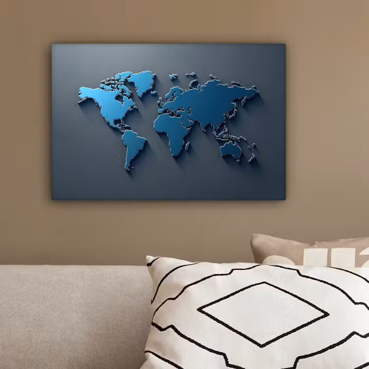 Metallic - Blauw - Wereldkaart - 3D canvas 2cm klein -sfeer3