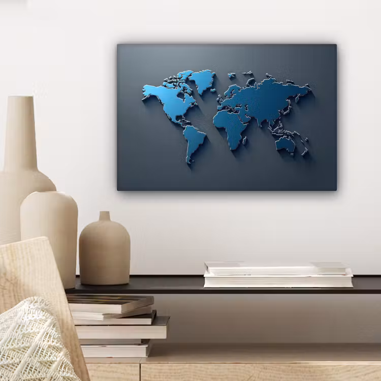 Metallic - Blauw - Wereldkaart - 3D canvas 2cm klein -sfeer6