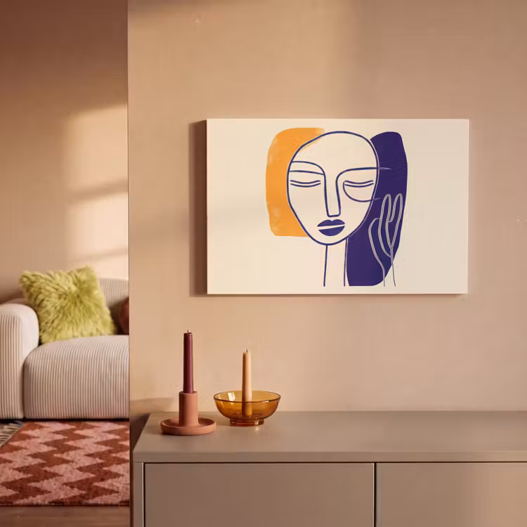 Minimalistisch - Gezicht - Hand - Oranje - Blauw canvas 2cm klein -sfeer1