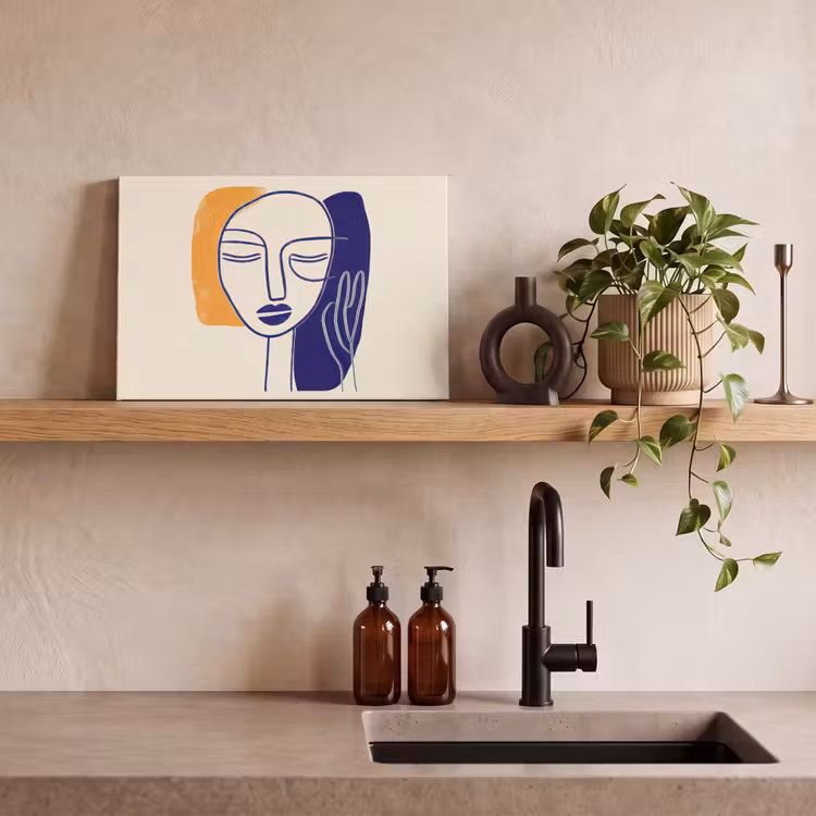 Minimalistisch - Gezicht - Hand - Oranje - Blauw canvas 2cm klein -sfeer3