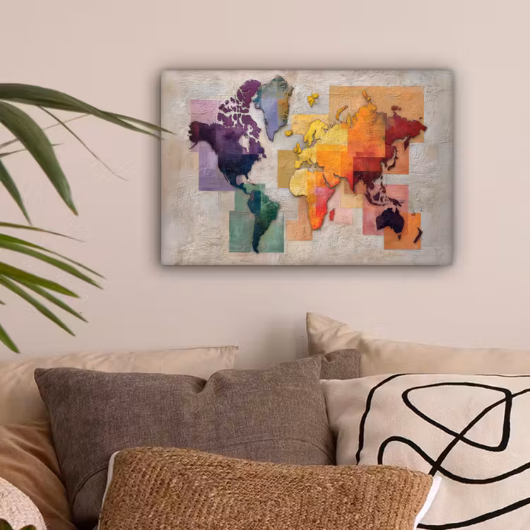 Modern - Wereldkaart - Kleurvakken canvas 2cm klein -sfeer1