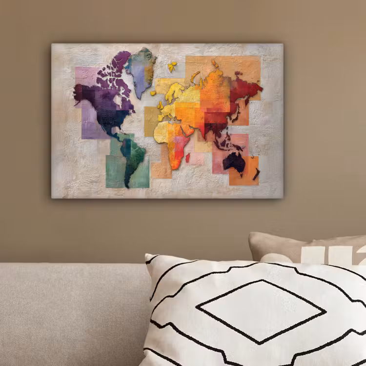Modern - Wereldkaart - Kleurvakken canvas 2cm klein -sfeer3