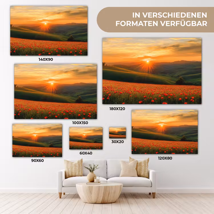 Klaprozen - Bloemen - Heuvels - Zonsondergang canvas 2cm klein -Xsfeer8_DE