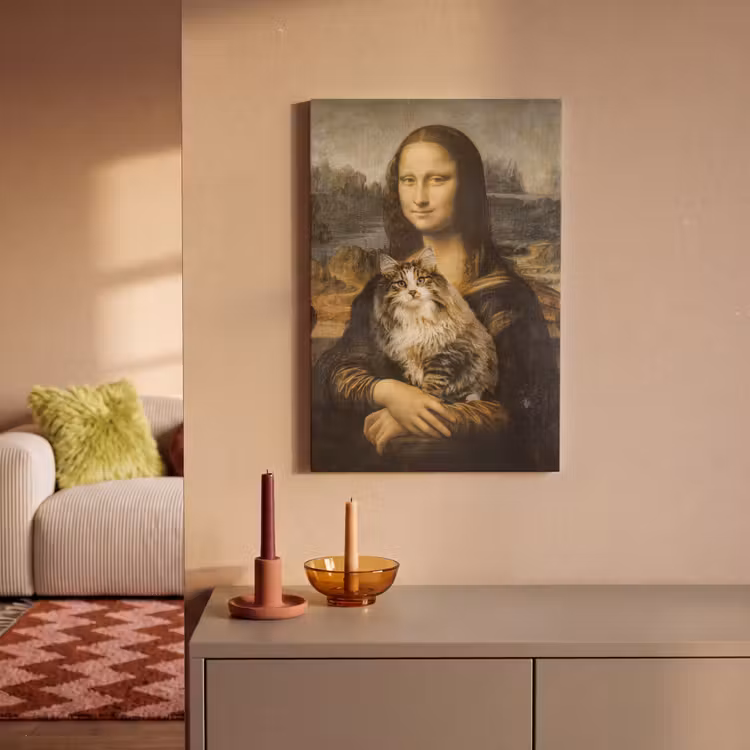 Mona Lisa - Kat - Leonardo da Vinci - Vintage - Kunstwerk - Oude meesters - Schilderij canvas 2cm klein -sfeer1