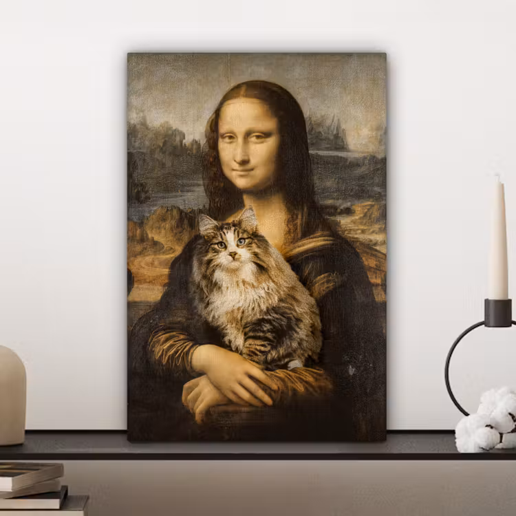 Mona Lisa - Kat - Leonardo da Vinci - Vintage - Kunstwerk - Oude meesters - Schilderij canvas 2cm klein -sfeer6