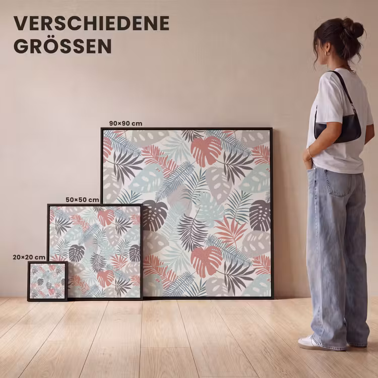 Monstera - Pastel - Bladeren - Tropical Canvas met baklijst klein -comparison_formatenoverzicht_DE