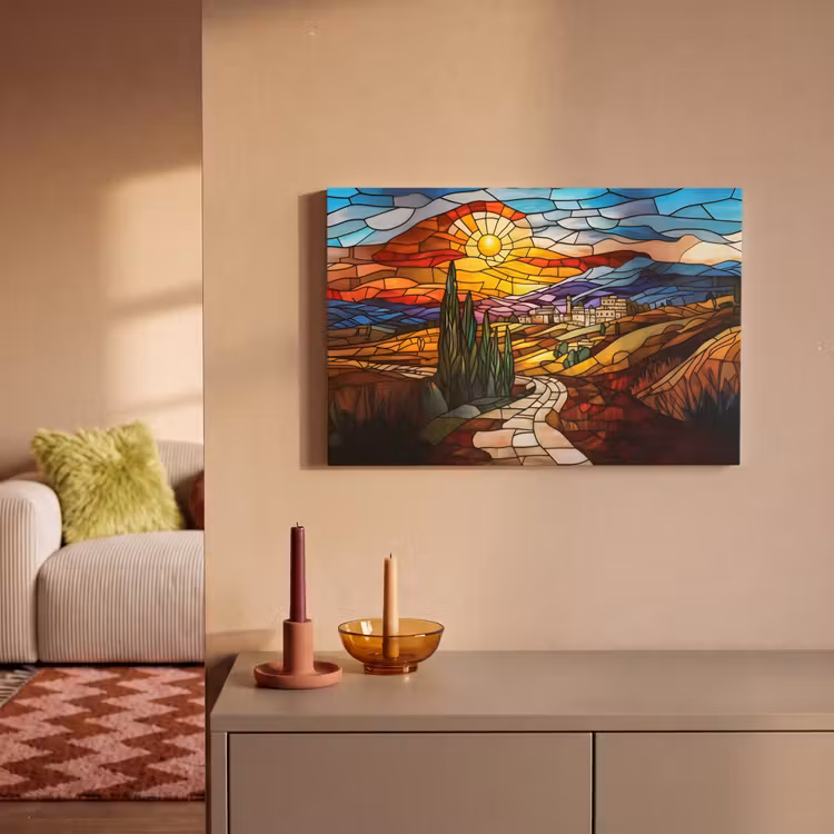 Mozaïek - Zon - Landschap - Dorp canvas 2cm klein -sfeer1