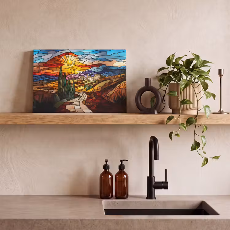Mozaïek - Zon - Landschap - Dorp canvas 2cm klein -sfeer3