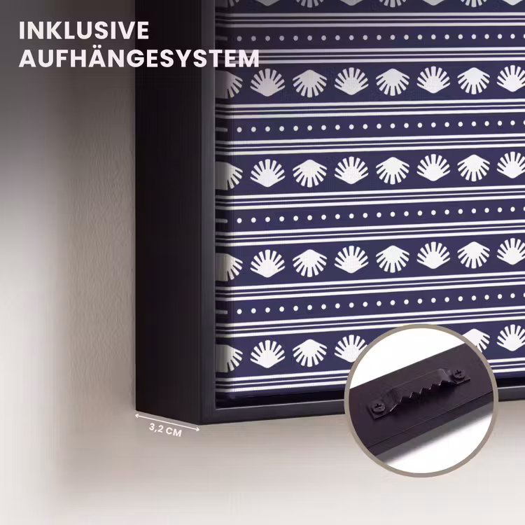 Schelp - Nautisch - Blauw - Wit Canvas met baklijst klein 1124 -closeup_ophangsysteem_DE