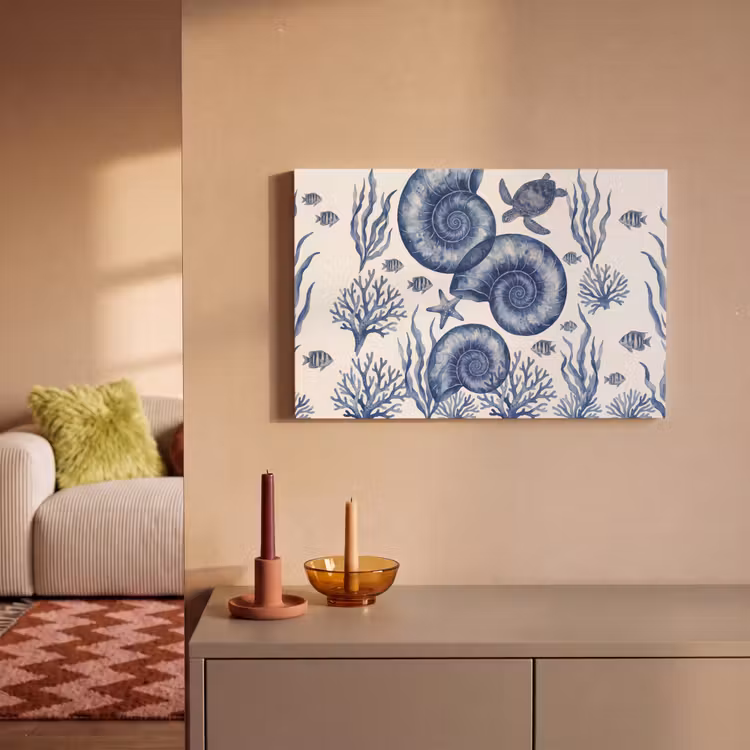 Schelp - Spiraal - Zeeleven - Aquarel - Blauw canvas 2cm klein -sfeer1