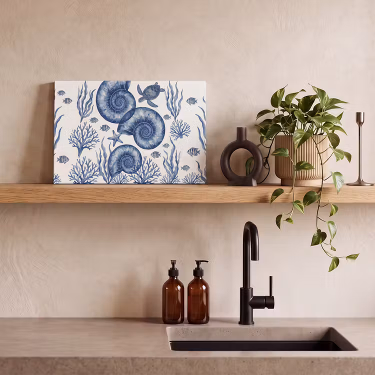 Schelp - Spiraal - Zeeleven - Aquarel - Blauw canvas 2cm klein -sfeer3