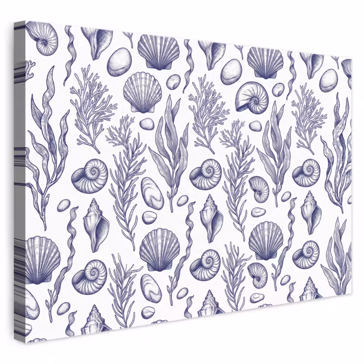 Schelpen - Zeewier - Oceaan - Illustratie - Blauw canvas 2cm klein -3d
