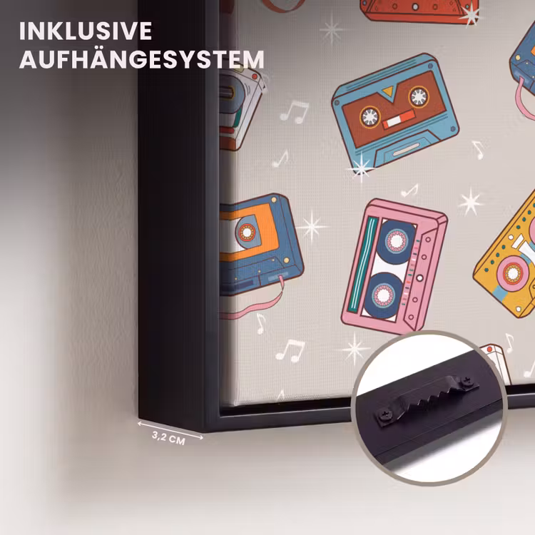Muziek - Cassette - Patroon Canvas met baklijst klein 1124 -closeup_ophangsysteem_DE