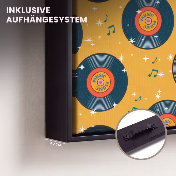 Muziek - Patroon - Geel Canvas met baklijst klein 1124 -closeup_ophangsysteem_DE