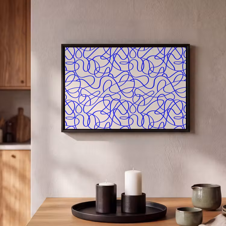 Patronen - Beige - Blauw - Lijnen Canvas met baklijst klein 1125 -atmosphere_sfeer1_global