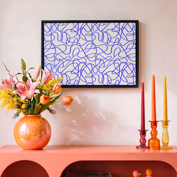 Patronen - Beige - Blauw - Lijnen Canvas met baklijst klein 1125 -atmosphere_sfeer2_global