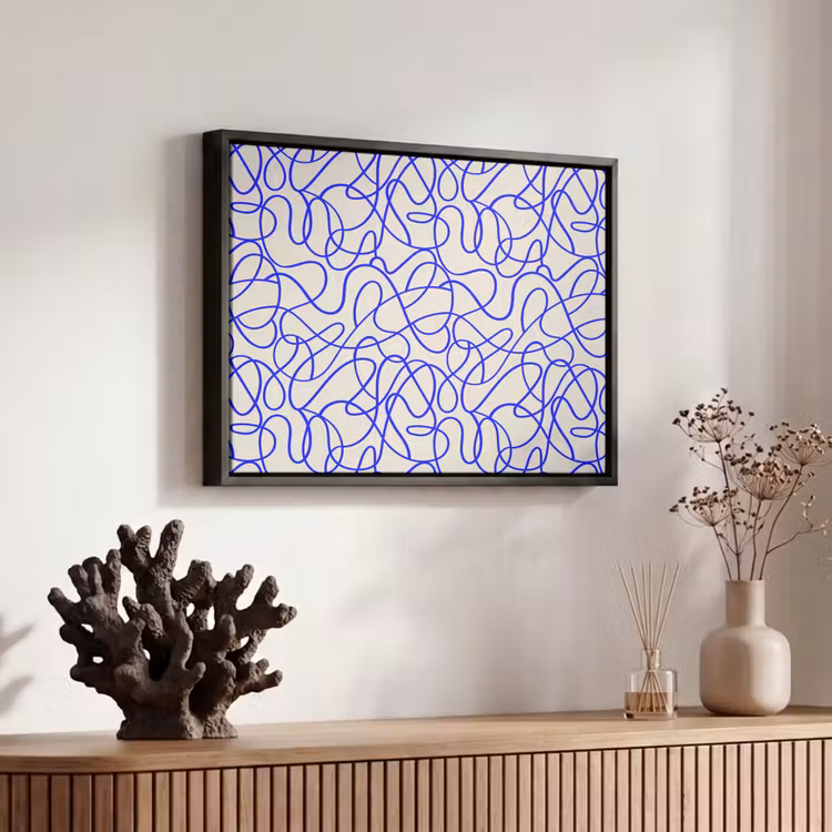 Patronen - Beige - Blauw - Lijnen Canvas met baklijst klein 1125 -atmosphere_sfeer3_global