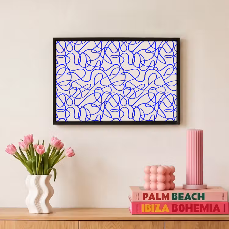 Patronen - Beige - Blauw - Lijnen Canvas met baklijst klein 1125 -atmosphere_sfeer4_global