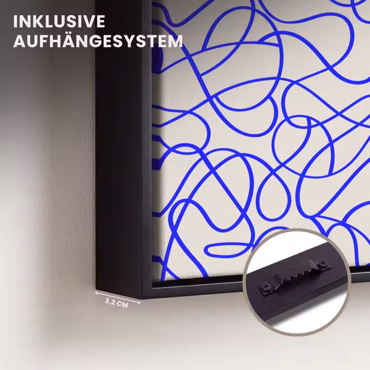 Patronen - Beige - Blauw - Lijnen Canvas met baklijst klein 1125 -closeup_ophangsysteem_DE