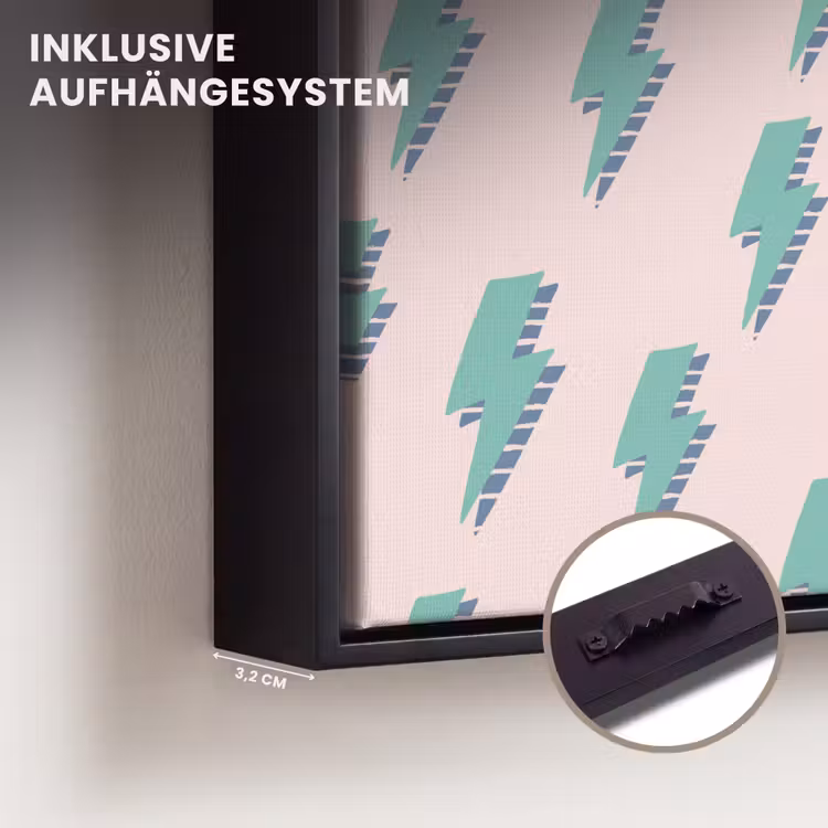 Patroon - Bliksem - Roze - Groen Canvas met baklijst klein 1124 -closeup_ophangsysteem_DE