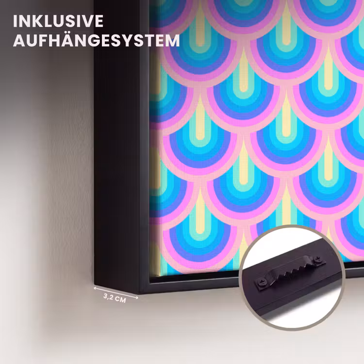 Patroon - Regenboogwaaier - Neon Canvas met baklijst klein 1124 -closeup_ophangsysteem_DE