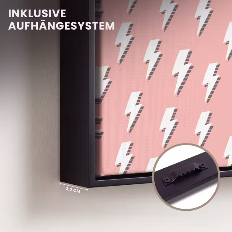 Patroon - Wit - Bliksem - Roze Canvas met baklijst klein 1124 -closeup_ophangsysteem_DE