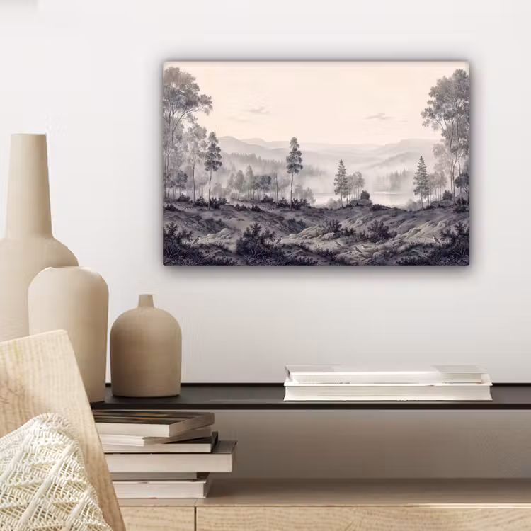 Mistig - Berglandschap - Illustratie canvas 2cm klein -sfeer6
