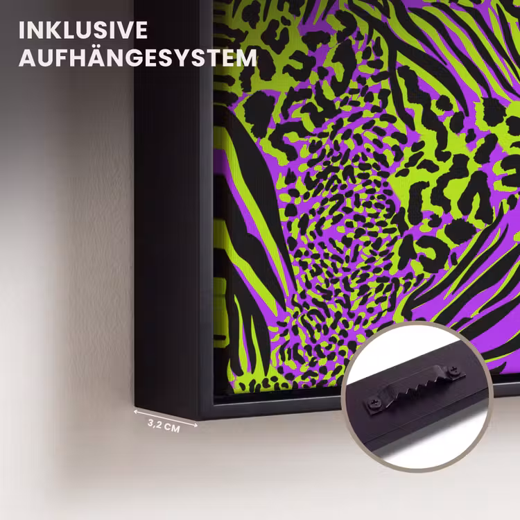 Neon - Paars - Dieren - Patroon Canvas met baklijst klein 1124 -closeup_ophangsysteem_DE