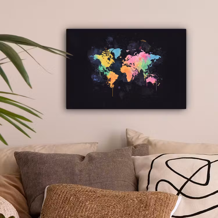 Neon - Pastel - Wereldkaart - Mistig canvas 2cm klein -sfeer1